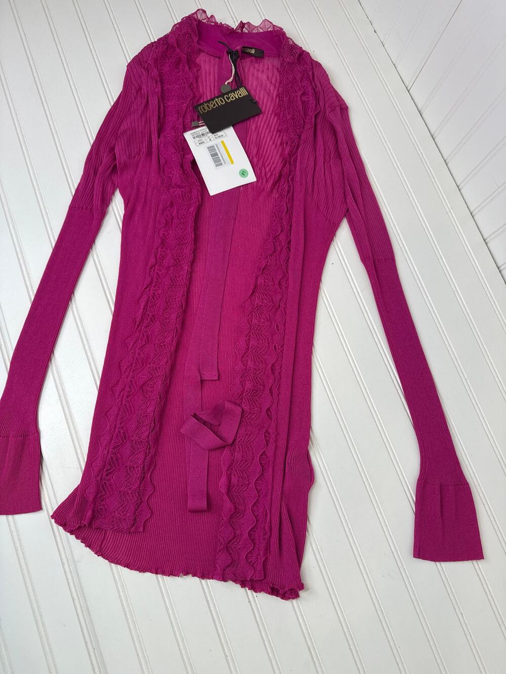 NWT Roberto Cavalli Knitwear Fuchsia Ribbed Open Cardigan Loungewear Topper Sz L